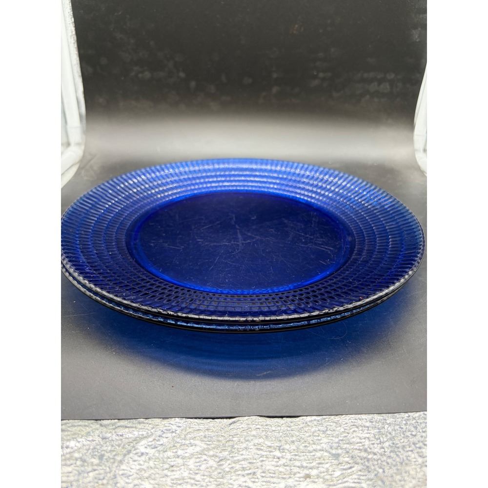 Set of 2 Cobalt Blue Glass Dinner Plates Ribbed Rim 10.5 Inch Made in Mexico